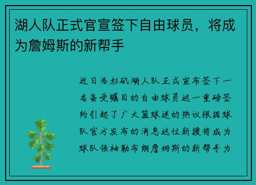 湖人队正式官宣签下自由球员，将成为詹姆斯的新帮手