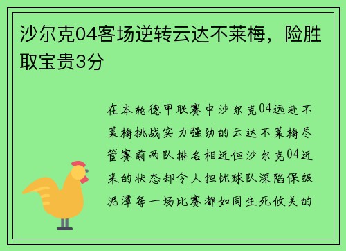 沙尔克04客场逆转云达不莱梅，险胜取宝贵3分